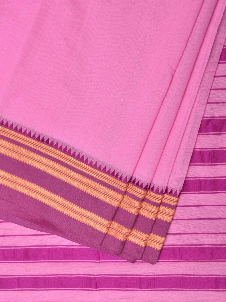 Baby Pink and Pink Bamboo Cotton Plain Saree with Strips Pallu Design No Blouse - Global Threads | Swadesiicart