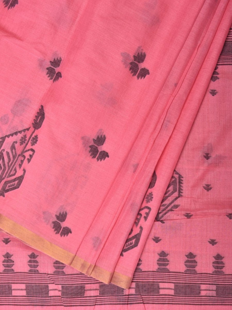 Baby Pink Khadi Cotton Handloom Saree with Buta and One Side Border Design - Global Threads | Swadesiicart