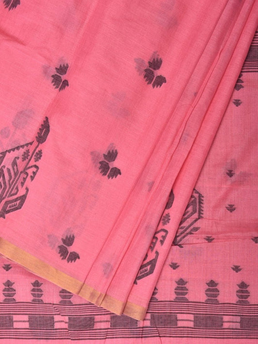 Baby Pink Khadi Cotton Handloom Saree with Buta and One Side Border Design - Global Threads | Swadesiicart