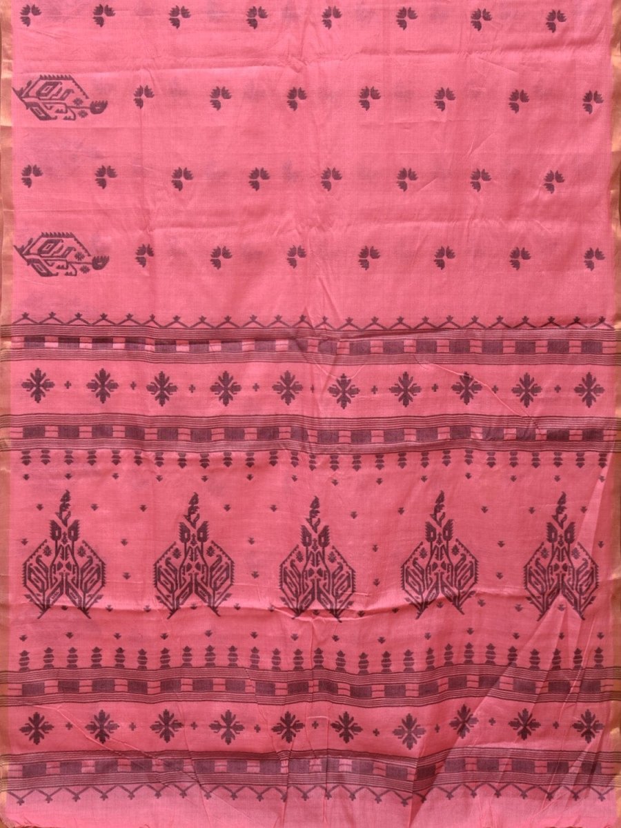 Baby Pink Khadi Cotton Handloom Saree with Buta and One Side Border Design - Global Threads | Swadesiicart