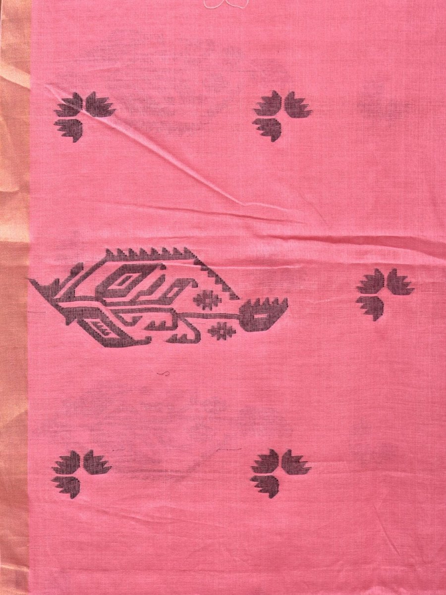 Baby Pink Khadi Cotton Handloom Saree with Buta and One Side Border Design - Global Threads | Swadesiicart