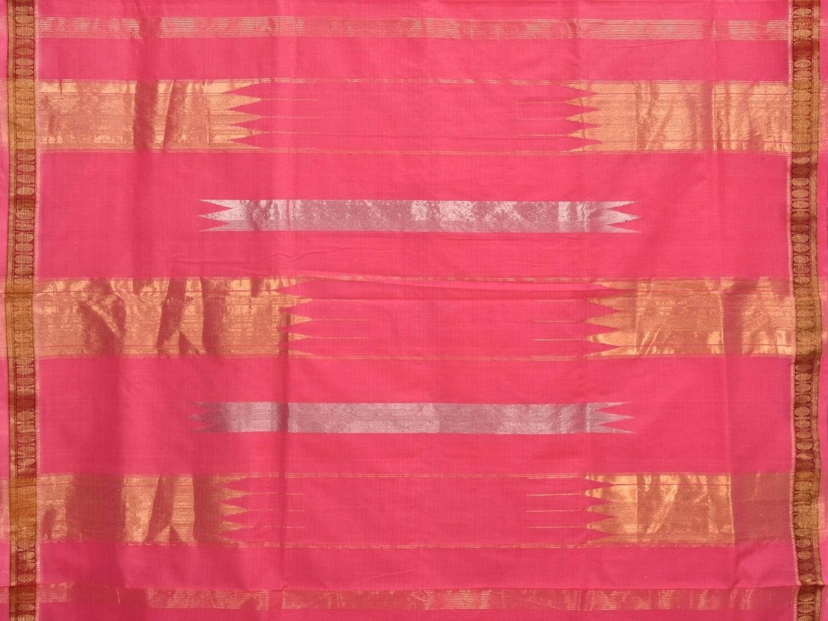 Baby Pink Khadi Cotton Handloom Saree with Doby Border and Zari Strips Pallu Design - Global Threads | Swadesiicart