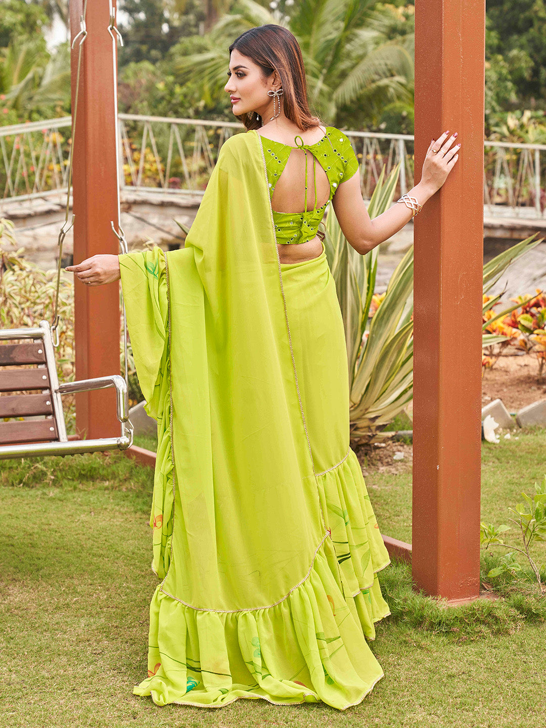 Tikhi Imli Printed Ruffle Saree With Mirror Embroidered Work Blouse | Swadesiicart