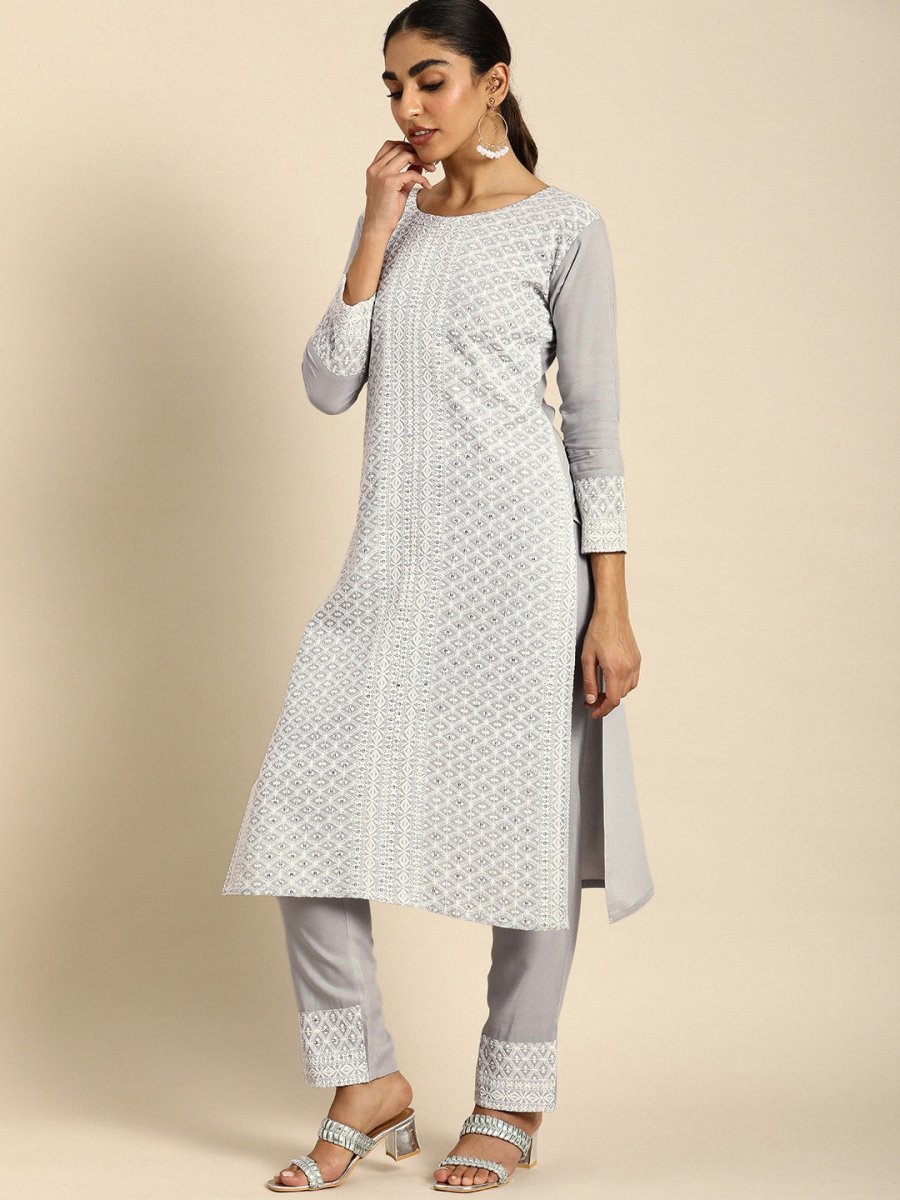 All About You Women Embroidered Chikankari Kurta With Trousers & With Dupatta | Swadesiicart
