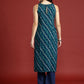Anouk Leheriya Printed Halter Neck Thread Work Kurta - Swadesiicart