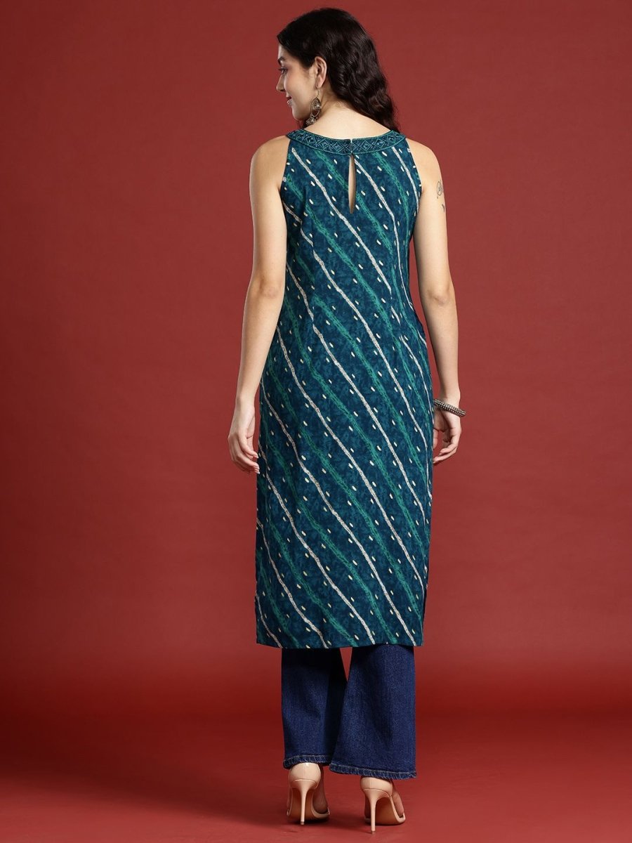Anouk Leheriya Printed Halter Neck Thread Work Kurta - Swadesiicart