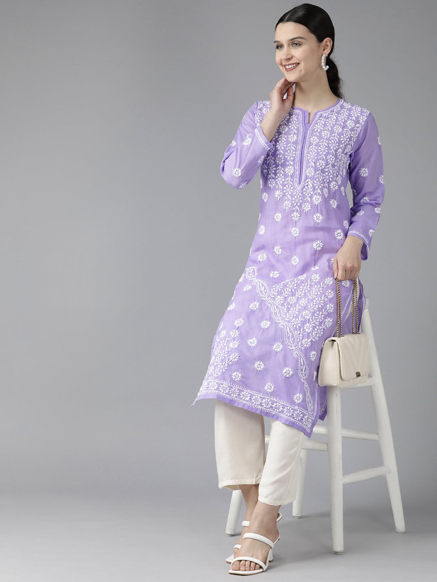 ADA Women Mauve & White Ethnic Motifs Embroidered Chikankari Kurta | Swadesiicart