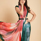 Sangria Peach-Coloured & Blue Satin Ready to Wear Saree | Swadesiicart