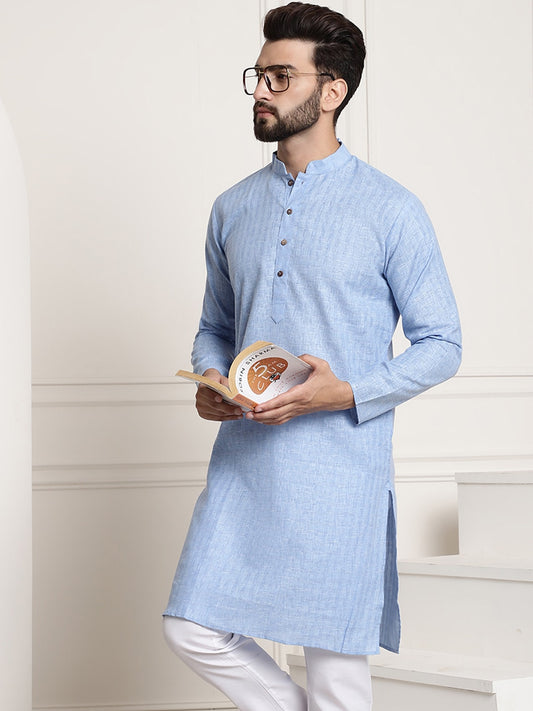 Sojanya Men Blue Dobby Self-Checked Straight Kurta | Swadesiicart