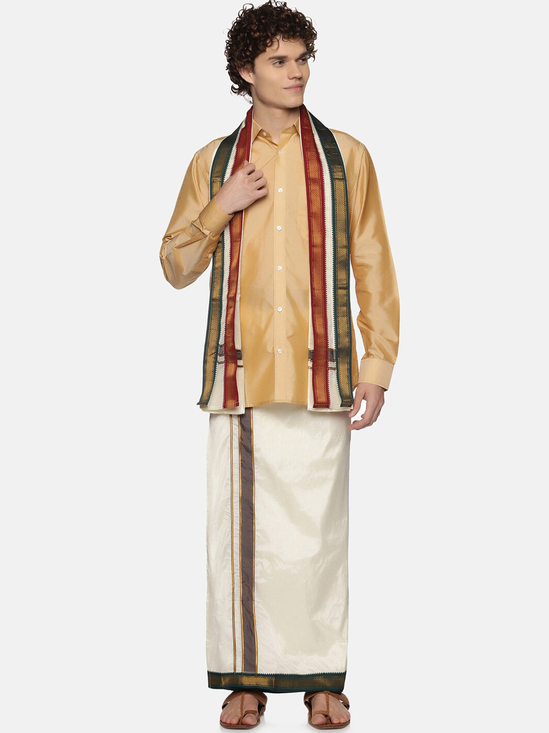 Sethukrishna Men Cream-Colored Solid Dhotis With Angavastram | Swadesiicart