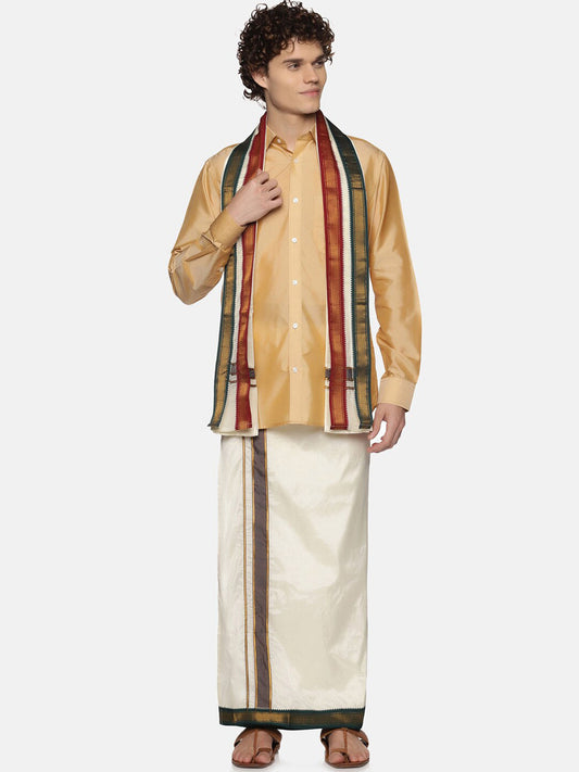 Sethukrishna Men Cream-Colored Solid Dhotis With Angavastram | Swadesiicart