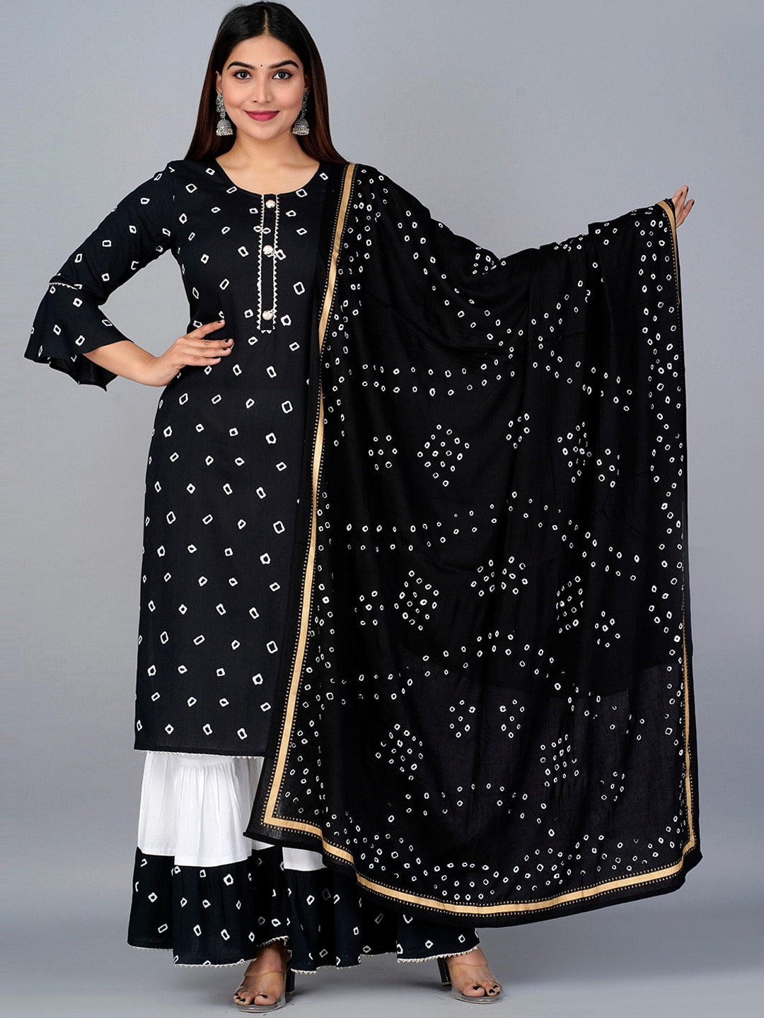 Kalini Bandhani Printed Kurta with Sharara & Dupatta - Swadesiicart