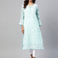 ADA Women Turquoise Blue & White Chikankari Embroidered Sustainable Handloom Kurta with Trousers & Inner | Swadesiicart