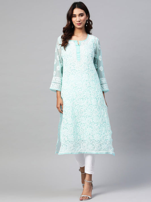 ADA Women Turquoise Blue & White Chikankari Embroidered Sustainable Handloom Kurta with Trousers & Inner | Swadesiicart