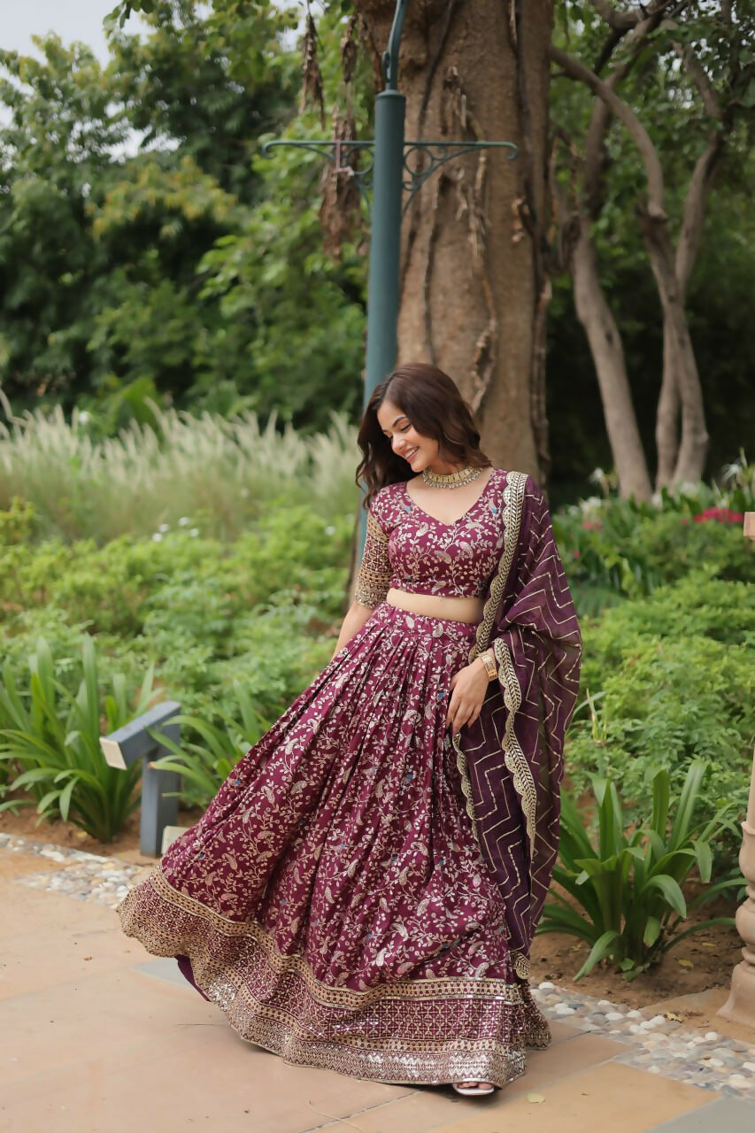 Lorenvalley Wine Pure Viscose Jacquard with Golden Embroidered Sequins work Lehenga Choli | Swadesiicart