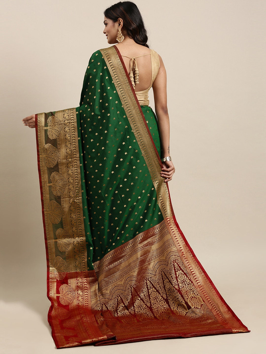 Mitera Green & Gold-Toned Woven Design Zari Silk Cotton Banarasi Saree | Swadesiicart