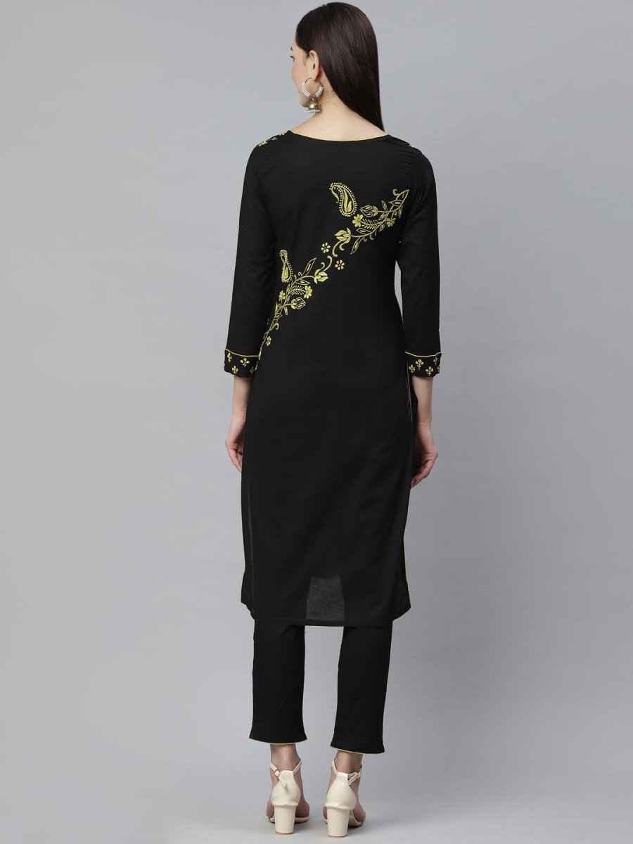 ADA Women Black & Yellow Chikankari Hand Embroidered Sustainable Handloom Kurta with Trousers | Swadesiicart