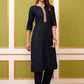 Vishudh Navy Blue & Gold Toned Round Neck Regular Kurta with Trousers & With Dupatta - Swadesiicart