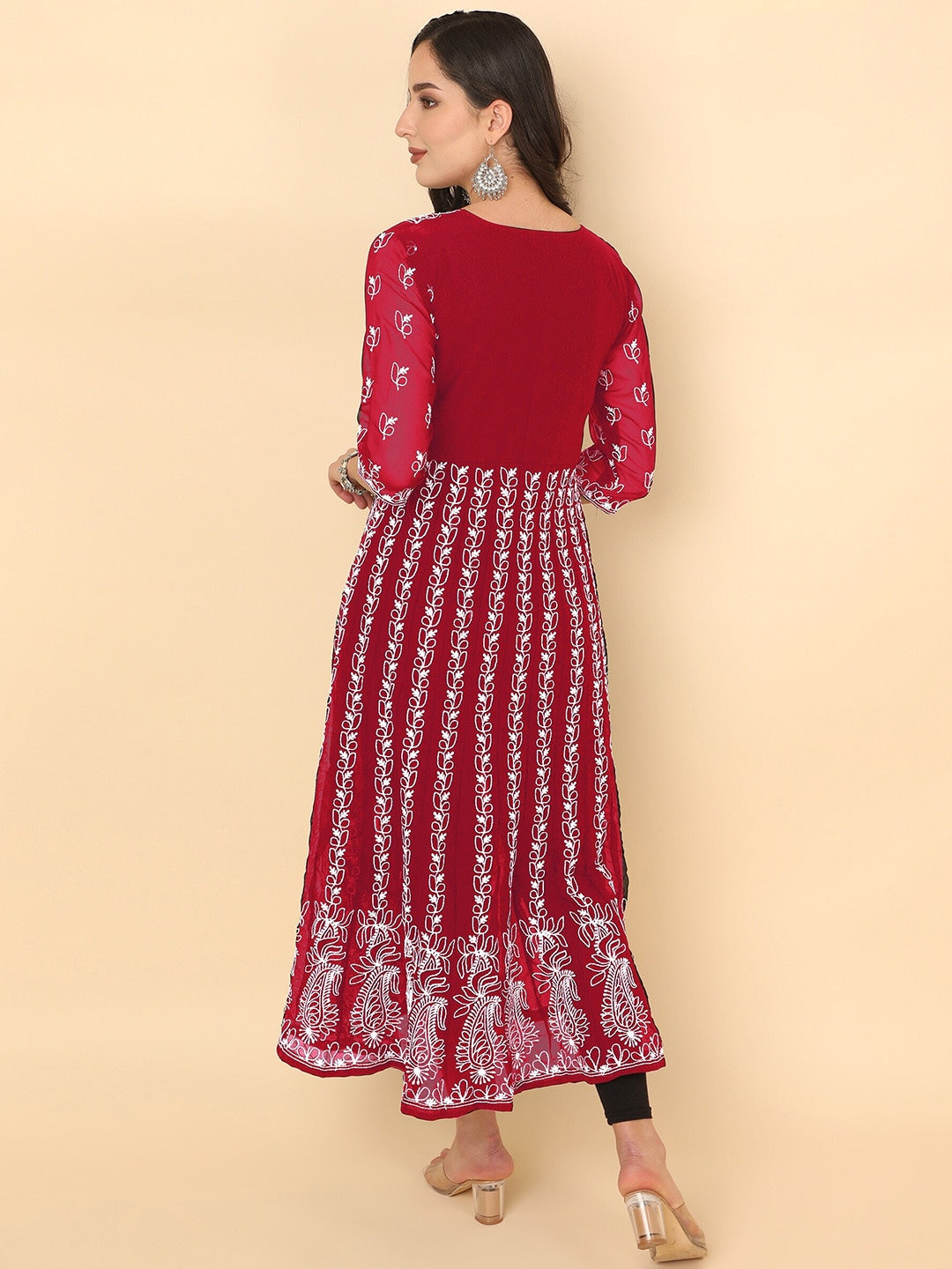HERE&NOW Chikankari Embroidered Thread Work Georgette Anarkali Kurta | Swadesiicart