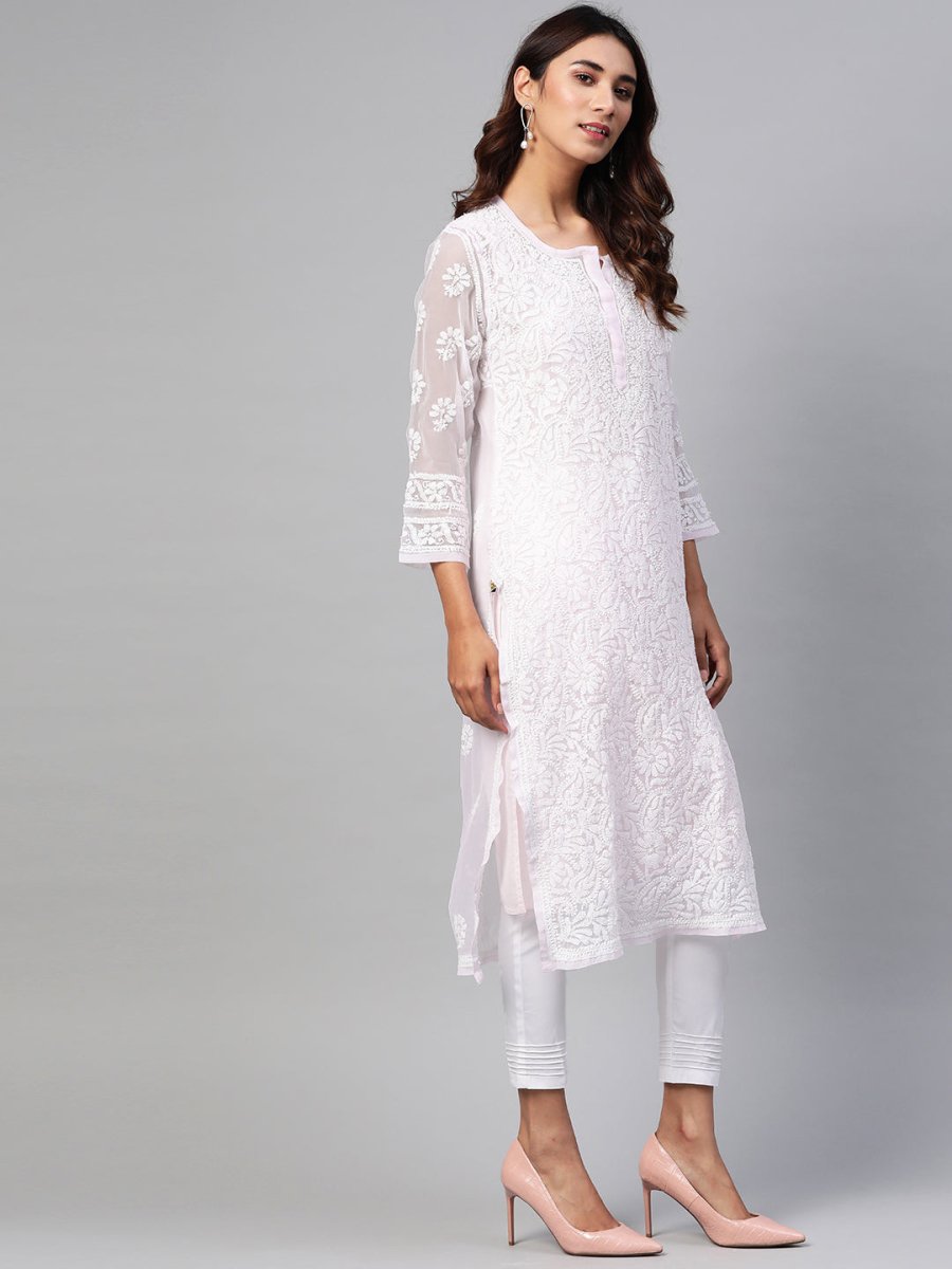 ADA Women Pink & White Chikankari Embroidered Handloom Kurta with Trousers | Swadesiicart
