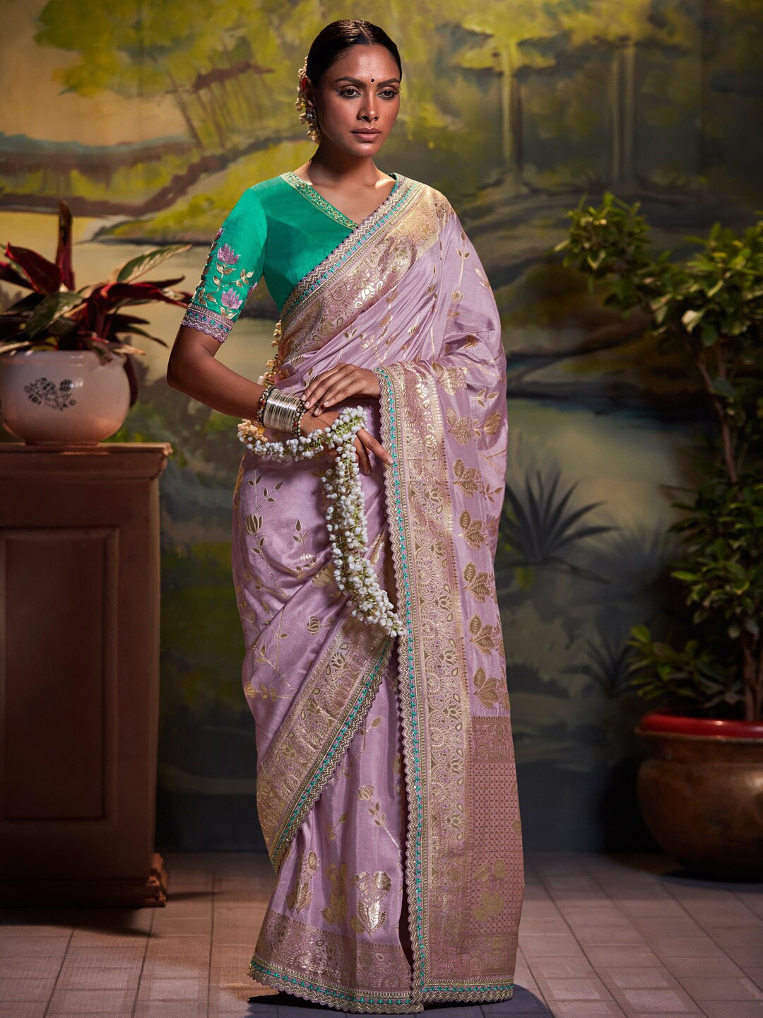 Mitera Lavender & Blue Ethnic Motifs Woven Design Zari Silk Blend Banarasi Saree | Swadesiicart