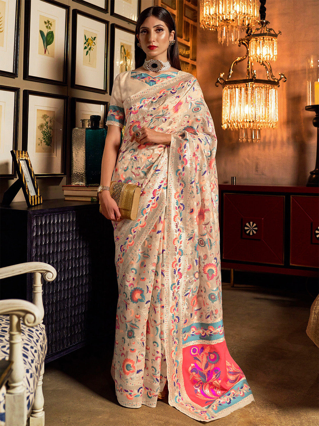 Mitera Cream-Coloured & Pink Woven Design Silk Blend Banarasi Saree | Swadesiicart
