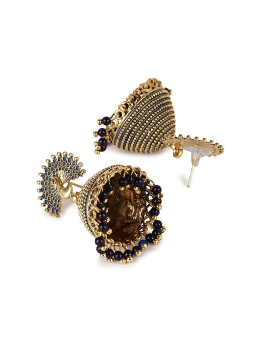 Anikas Creation Gold-Polished & Blue Enamelled Peacock Shaped Jhumkas - Swadesiicart