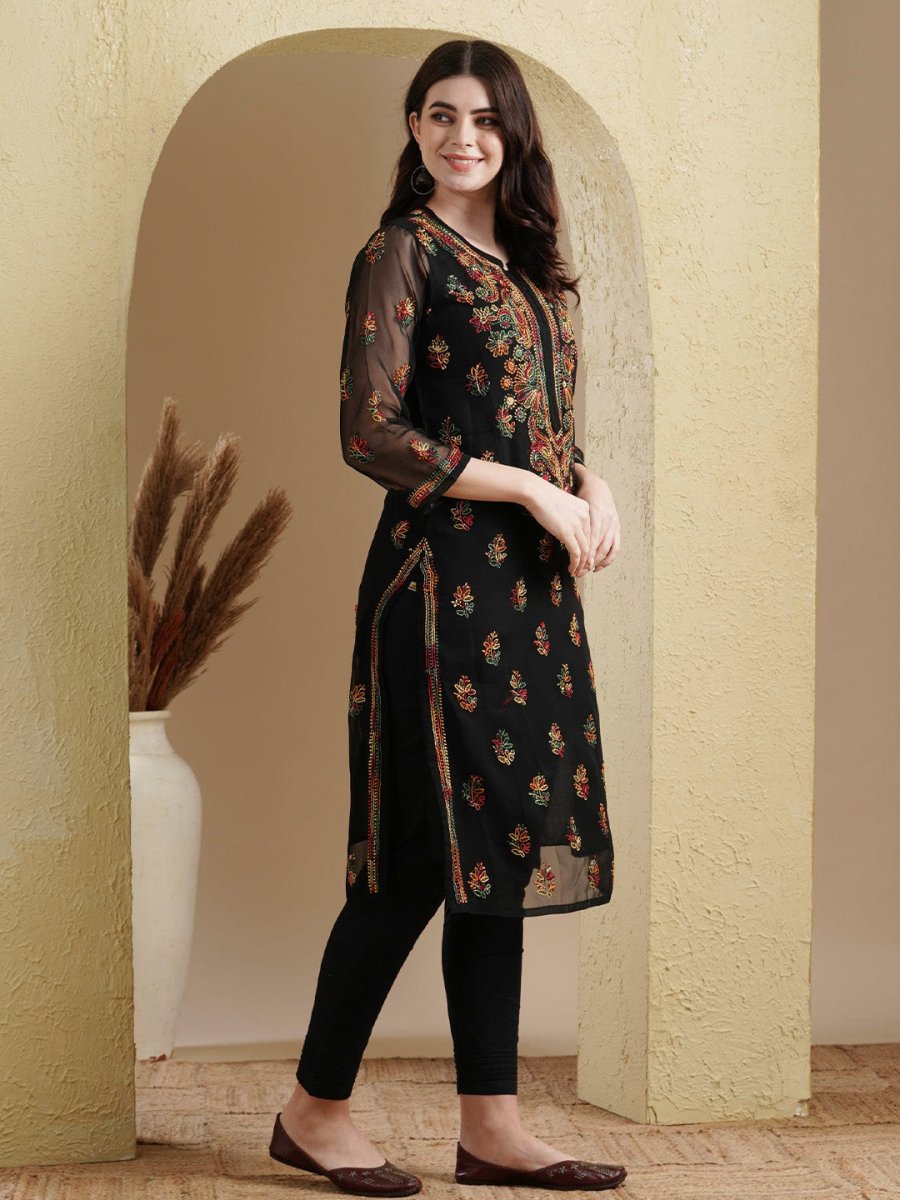 ADA Women Black Embroidered Regular Chikankari Kurta with Trousers | Swadesiicart