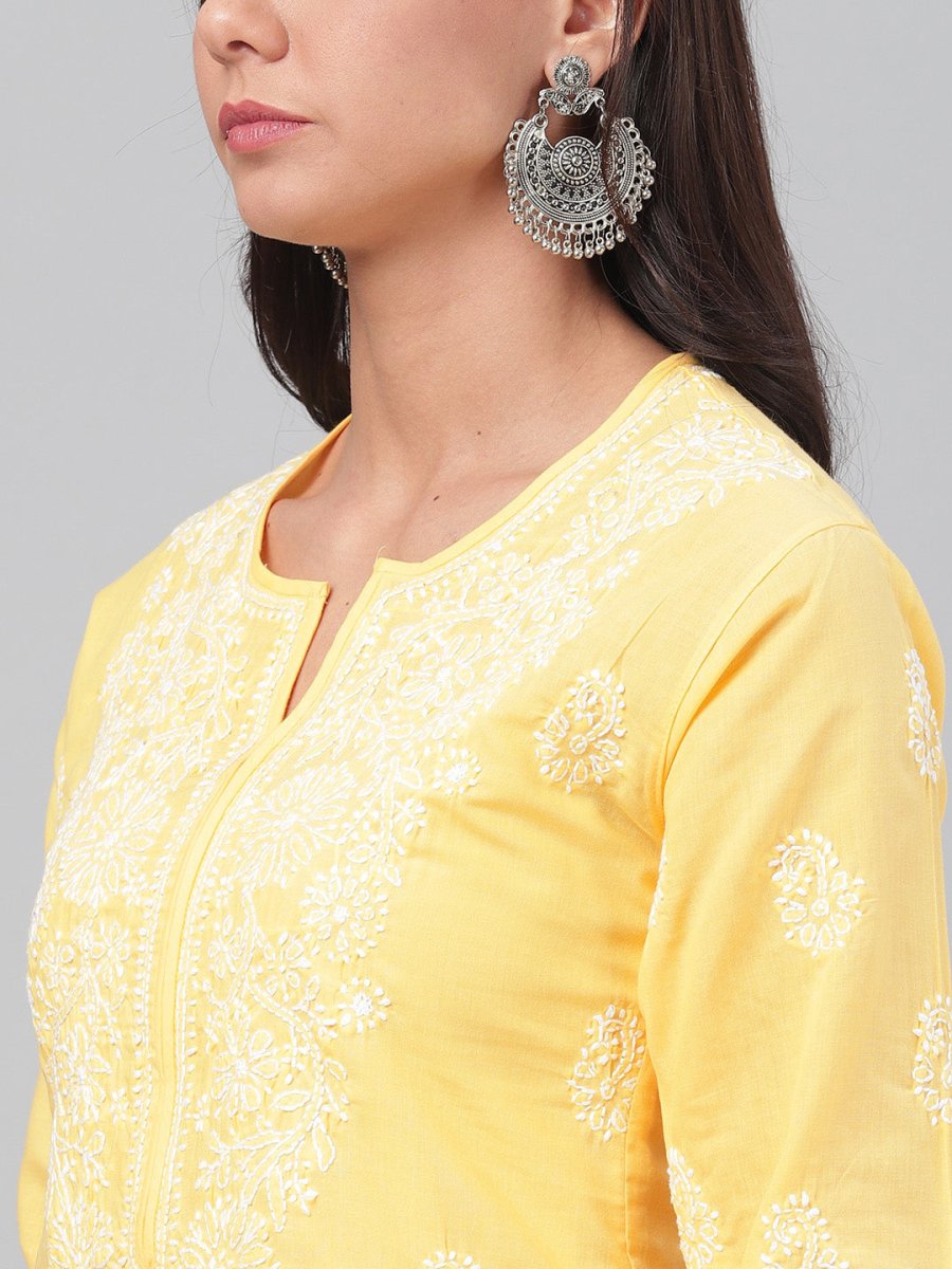 ADA Women Yellow & White Chikankari Hand-Embroidered Straight Kurta | Swadesiicart