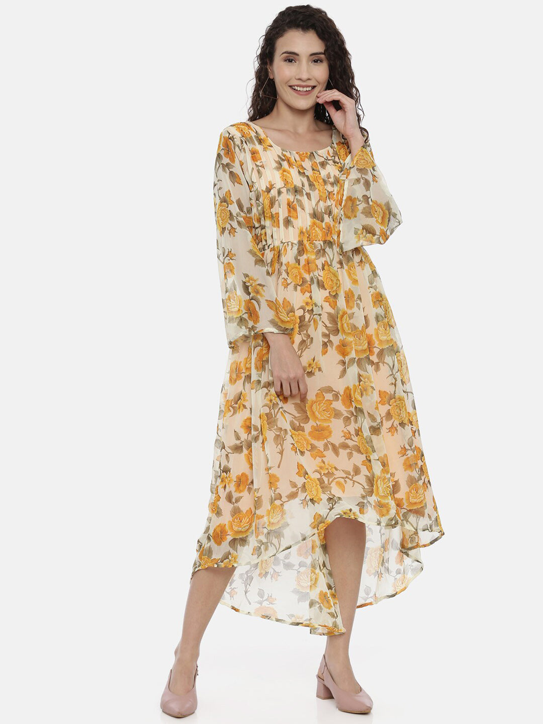 Souchii Women Cream-Coloured Floral Printed A-Line Dress - Swadesiicart