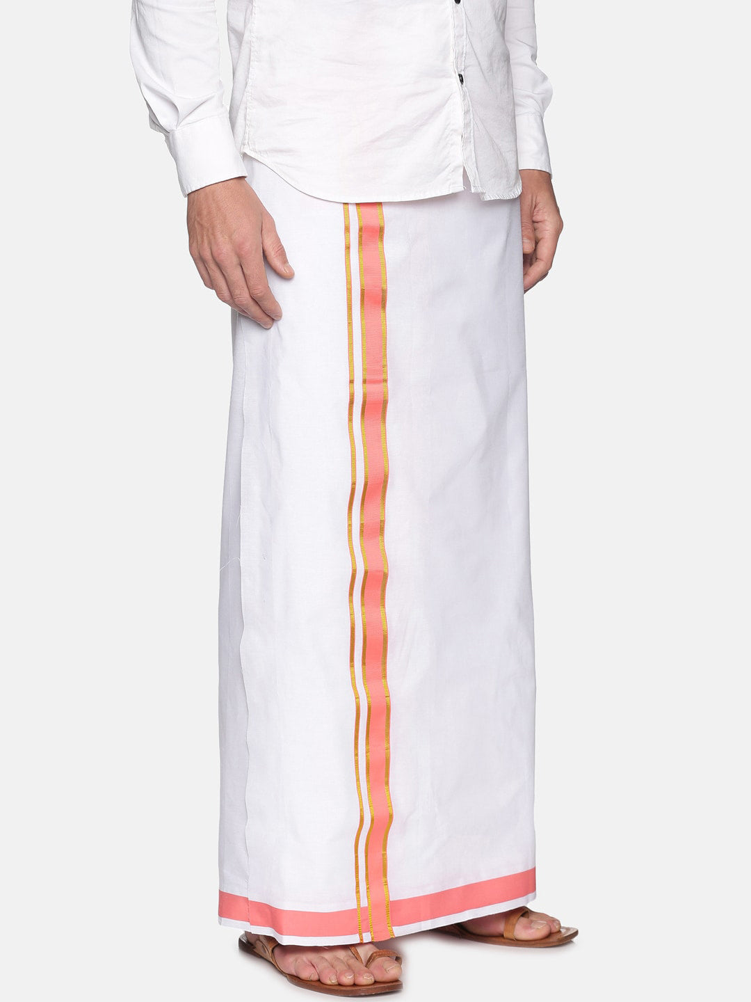 Sethukrishna Men White & Pink Solid Cotton Dhoti | Swadesiicart