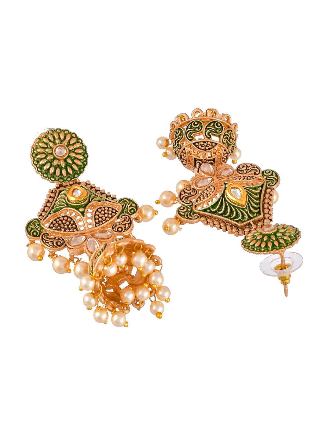 Shoshaa Green & Gold-Toned Contemporary Jhumkas Earrings | Swadesiicart