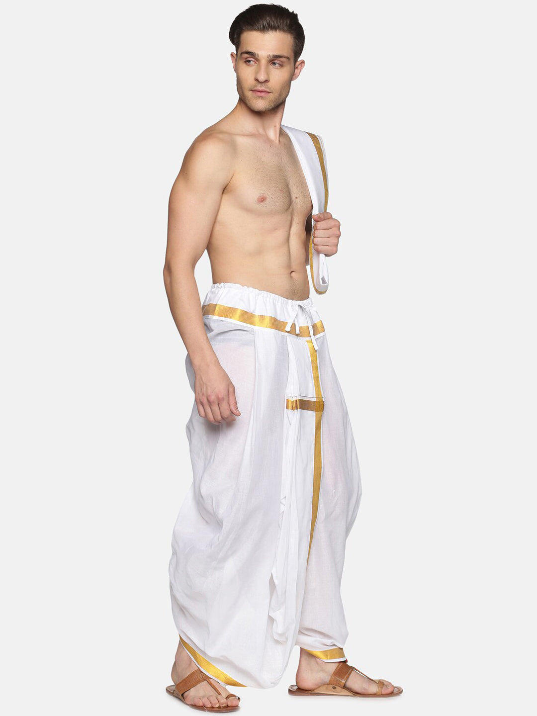 Sethukrishna Men White & Gold-Toned Solid Ready Made Dhoti Pants | Swadesiicart