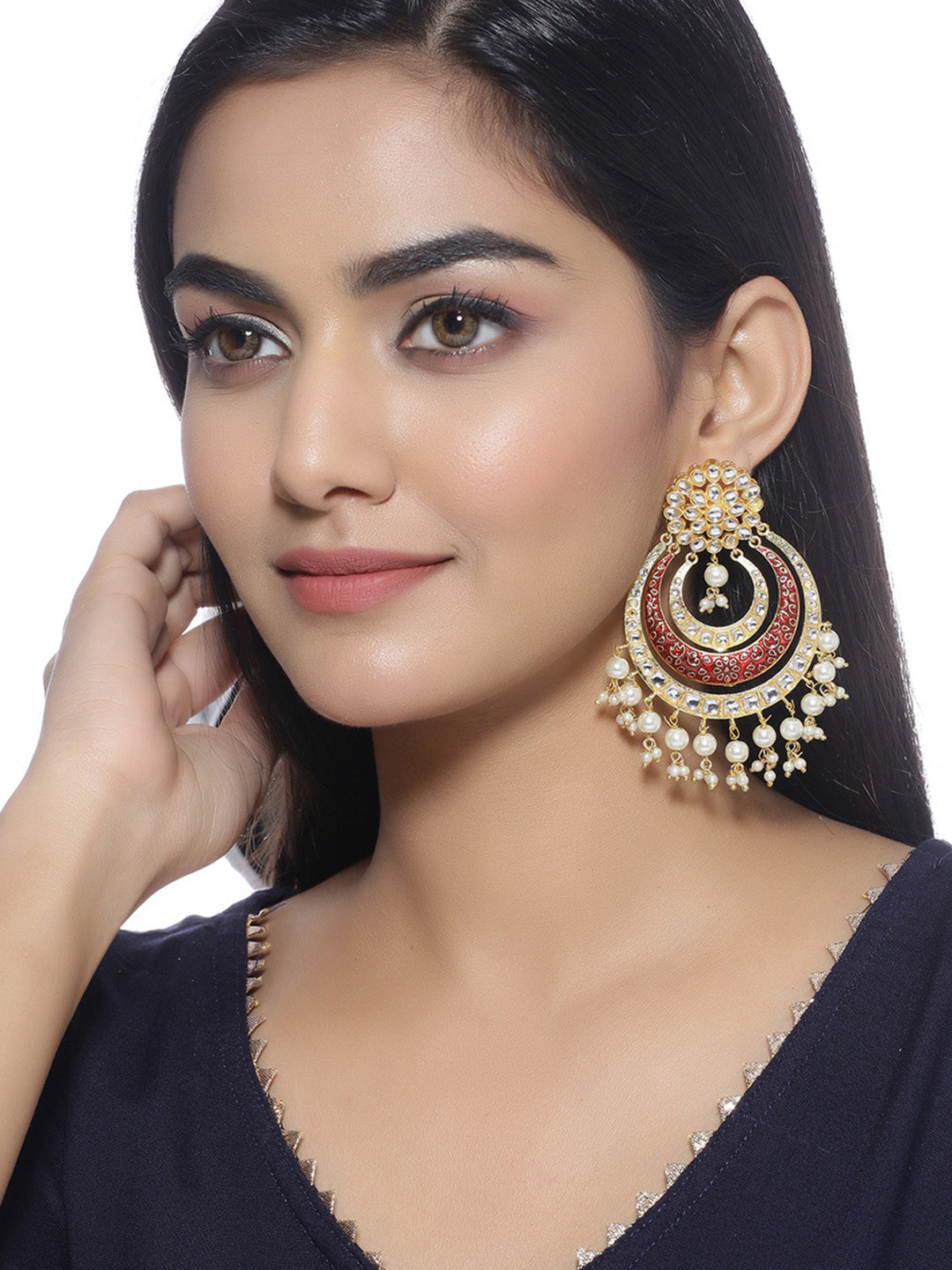 Shoshaa Red & Off-White Kundan Studded & Beaded Crescent Shaped Chandbalis | Swadesiicart