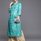Biba Women Turquoise Blue Ethnic Motifs Foil Printed Keyhole Neck Kurta - Swadesiicart