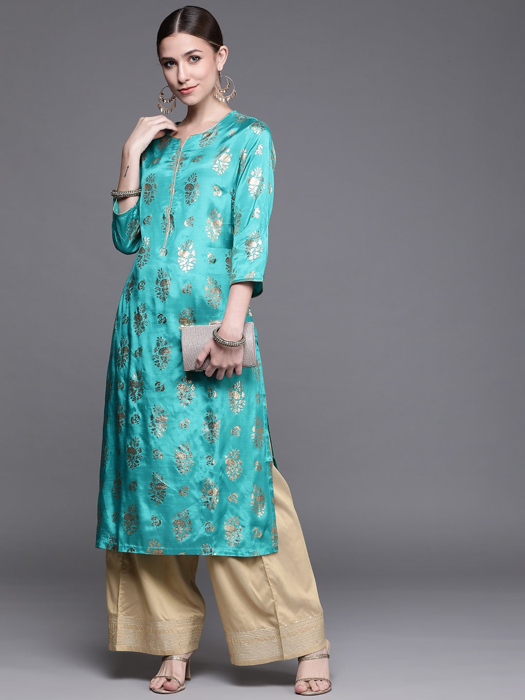 Biba Women Turquoise Blue Ethnic Motifs Foil Printed Keyhole Neck Kurta - Swadesiicart