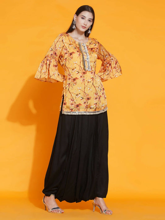Women Republic Yellow Printed Satin Georgette Shirt With Bell Sleeves And Dhoti | Swadesiicart