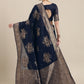Saree Mall Navy Blue Floral Linen Blend Banarasi Saree | Swadesiicart