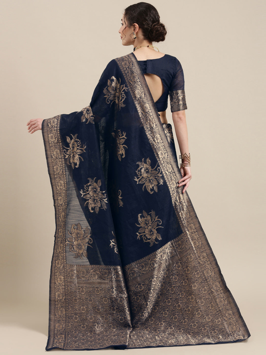 Saree Mall Navy Blue Floral Linen Blend Banarasi Saree | Swadesiicart