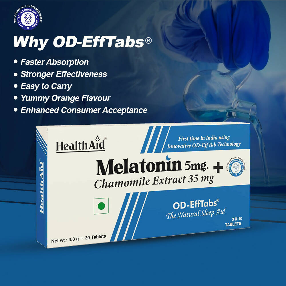 HealthAid Melatonin 5 mg + Chamomile Extract 35 mg OD Effervescent Tablets - Swadesiicart