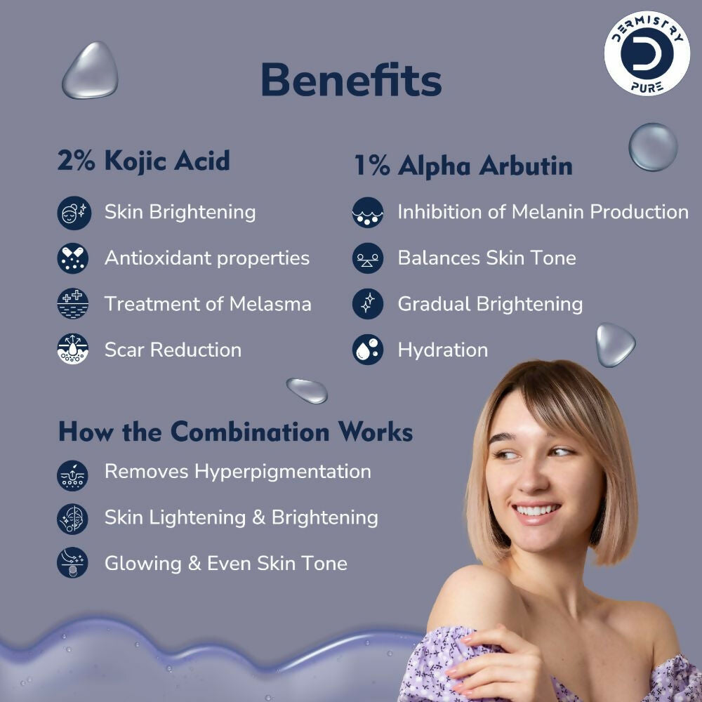 Dermistry Pure 2% Kojic Acid 1% Alpha Arbutin Instant Glowing Bright Light Pigmentation Spots Serum - Swadesiicart