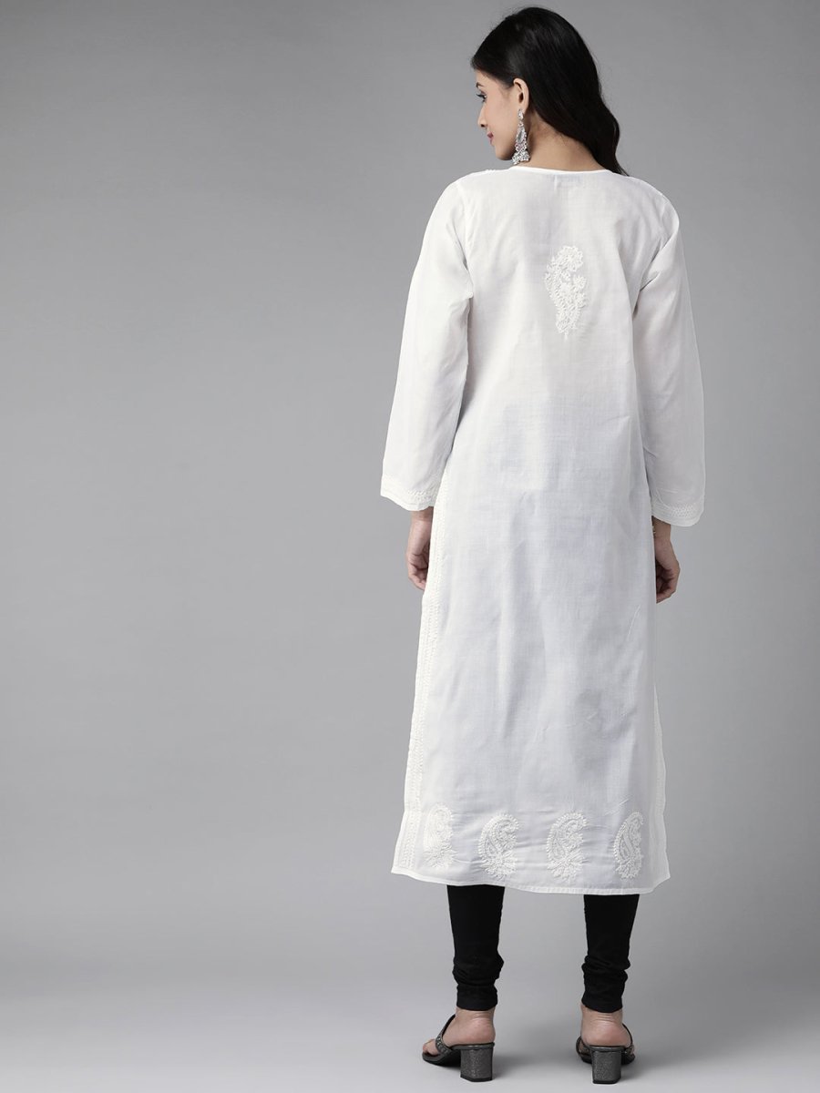 ADA Women White & Black Chikankari Embroidered Handloom Kurta with Cotton Churidar | Swadesiicart