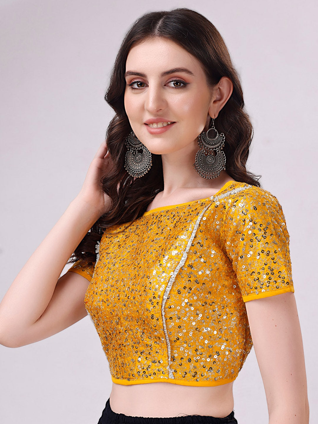 Tikhi Imli Yellow Embellished Boat Neck Sequinned Detailed Saree Blouse | Swadesiicart