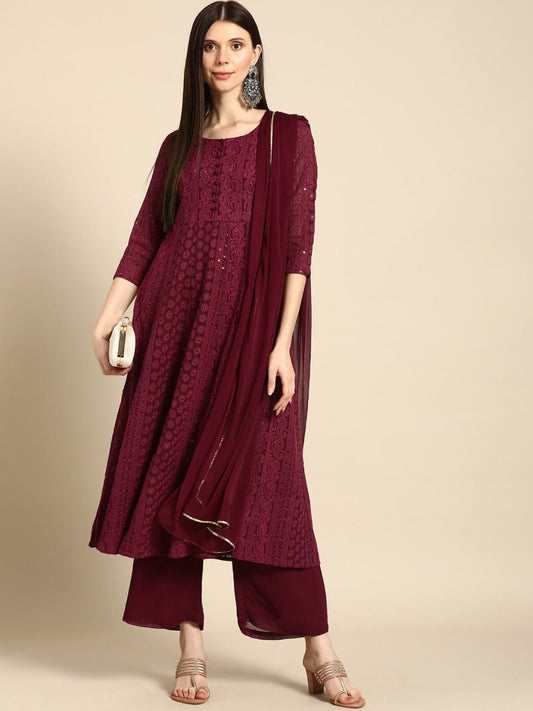 Anouk Women Maroon Ethnic Motifs Embroidered Chikankari Kurta with Palazzos & With Dupatta | Swadesiicart