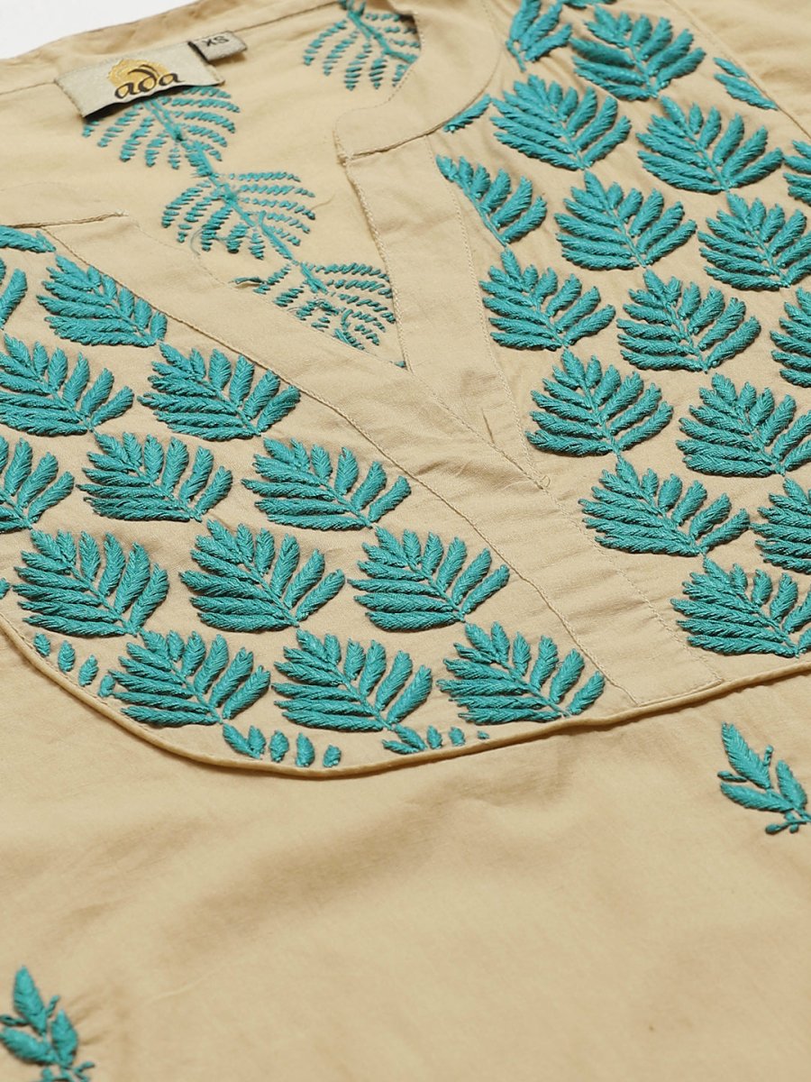 ADA Women Beige & Teal Green Chikankari Embroidered Sustainable Handloom Kurta with Trousers | Swadesiicart