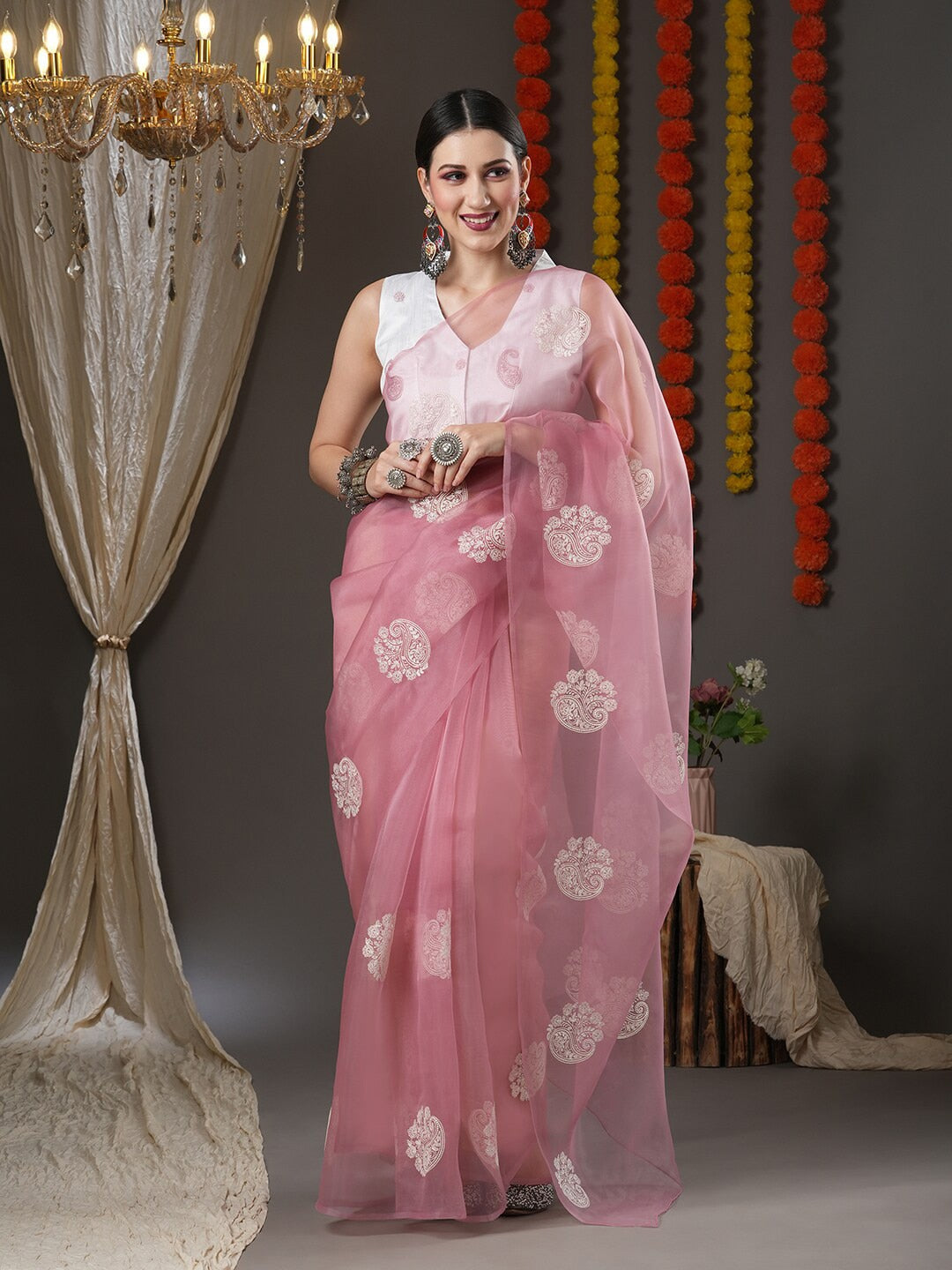Saree Mall Mauve & White Floral Embroidered Organza Banarasi Sarees | Swadesiicart