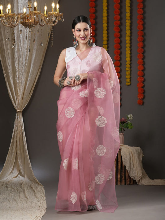 Saree Mall Mauve & White Floral Embroidered Organza Banarasi Sarees | Swadesiicart