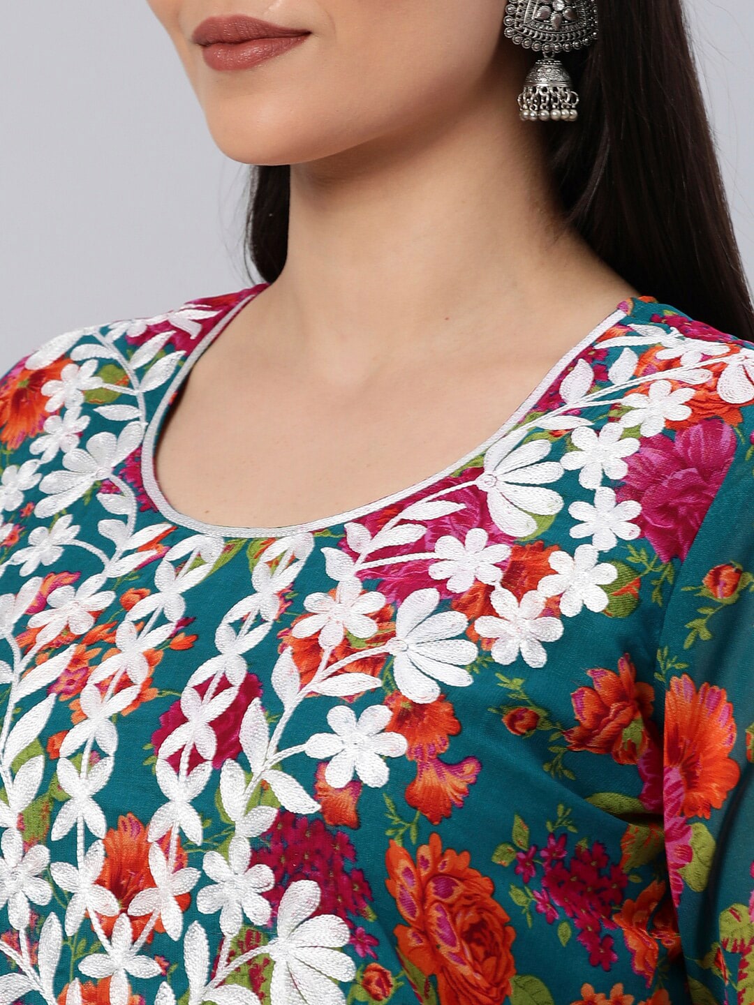 Kalini Floral Printed Chikankari Embroidered Straight Kurta | Swadesiicart