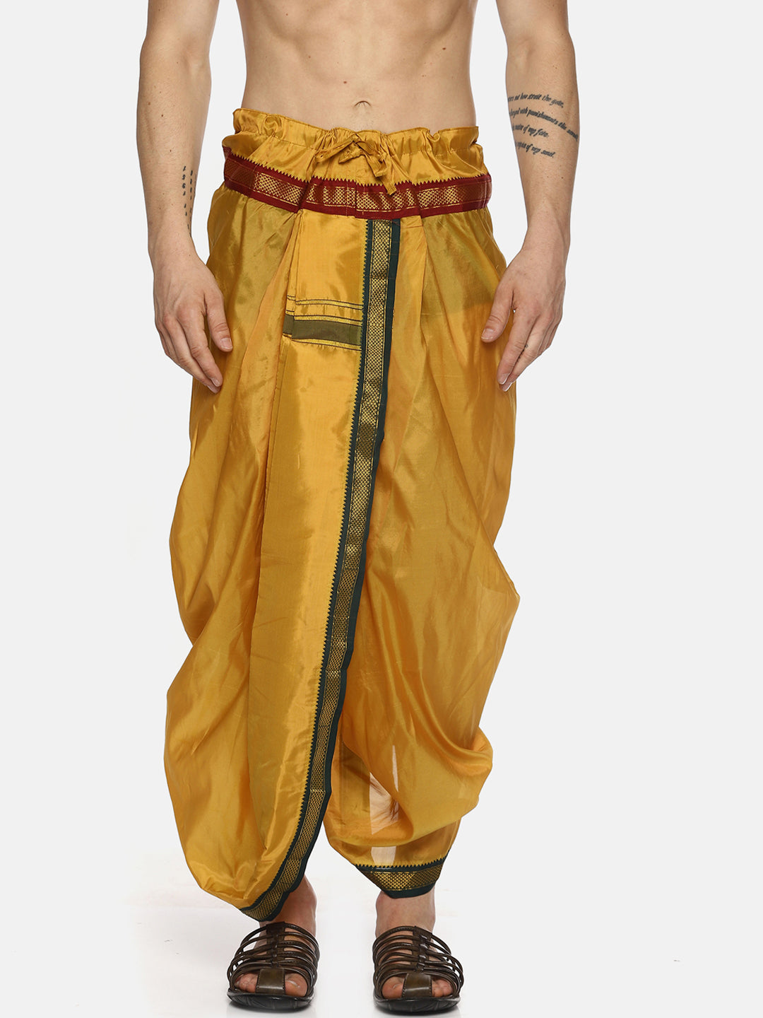 Sethukrishna Men Yellow Solid Readymade Dhoti Pants With Angavastram | Swadesiicart