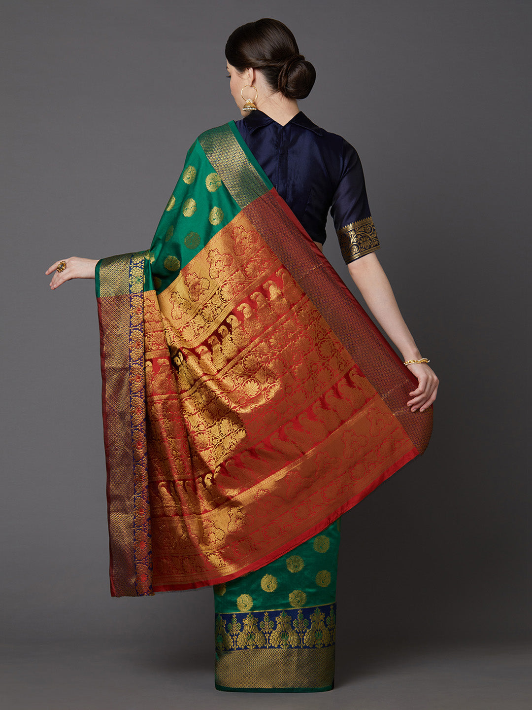 Mitera Green & Gold-Toned Silk Blend Woven Design Banarasi Saree | Swadesiicart